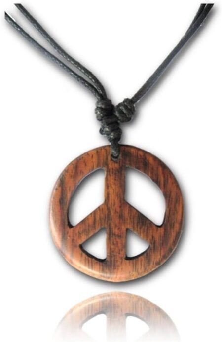 Adjustable Peace Sign Pendant Necklace with Organic Wood Hippie Style Men's Accessories