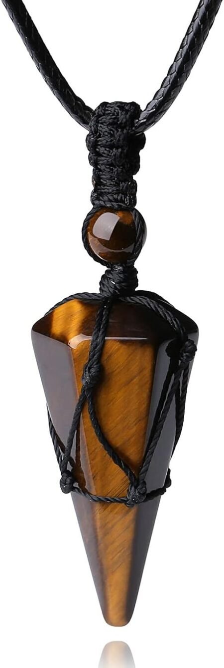 Healing Crystal Stone Pointed Necklace Adjustable Black Rope Natural Gemstone Pendant Necklace for Men