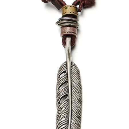 Retro Style Feather Pendant Necklace for Men Adjustable Leather Cord