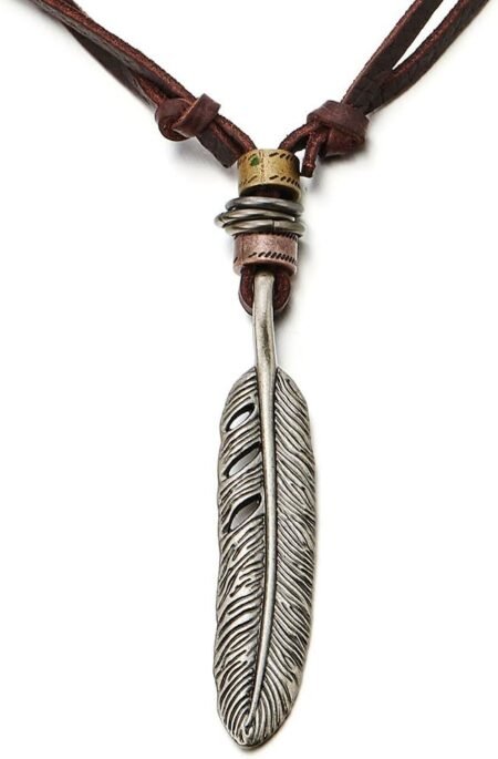 Retro Style Feather Pendant Necklace for Men Adjustable Leather Cord