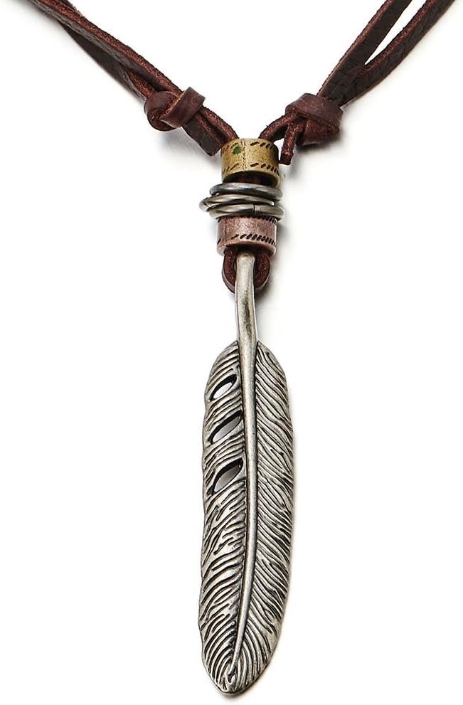 Retro Style Feather Pendant Necklace for Men Adjustable Leather Cord