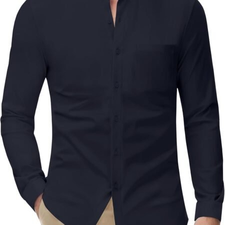 Band Collar Dress Shirts for Men Stretch Dress Shirts Collarless Button Down Long Sleeve Shirts