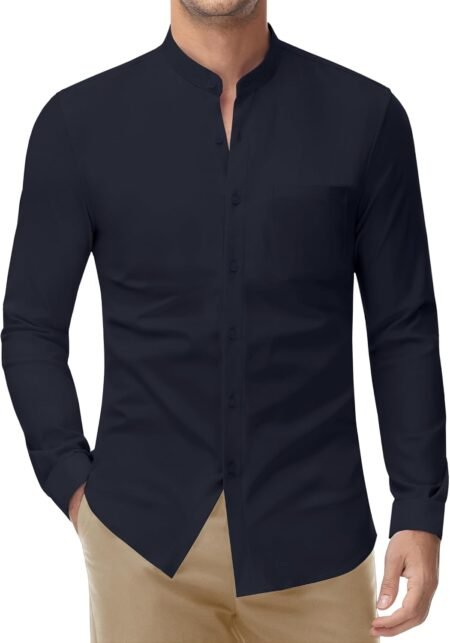 Band Collar Dress Shirts for Men Stretch Dress Shirts Collarless Button Down Long Sleeve Shirts