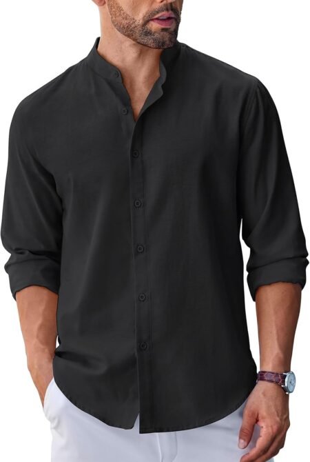 Men's Long Sleeve Oxford Dress Shirts  Button Down Shirt Casual Band Collar Shirts