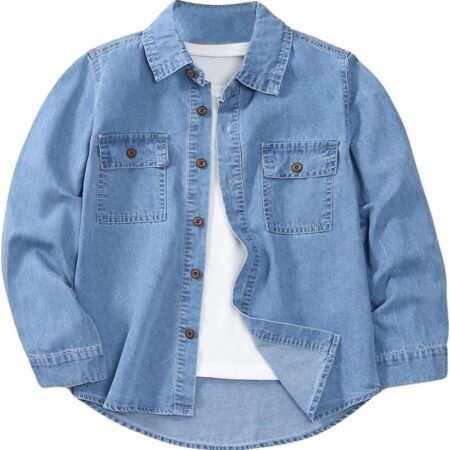 Boys Long Sleeve Button Down Denim Shirt Jean Top with Pockets