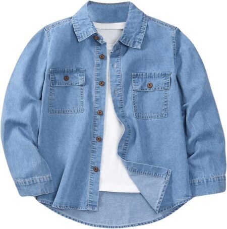 Boys Long Sleeve Button Down Denim Shirt Jean Top with Pockets