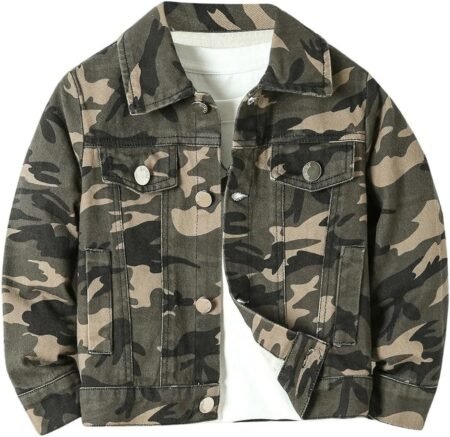 Boys Camo Print Button Front Denim Jacket Casual Long Sleeve Outerwear Coat
