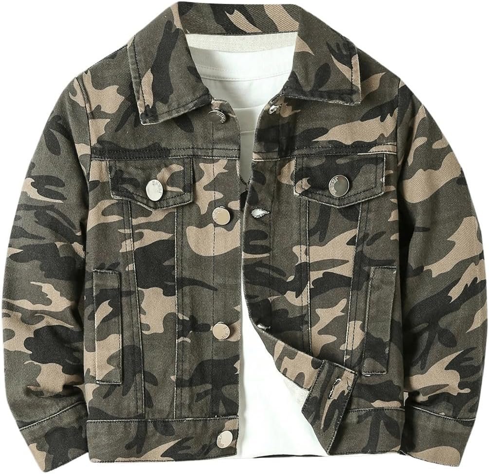 Boys Camo Print Button Front Denim Jacket Casual Long Sleeve Outerwear Coat