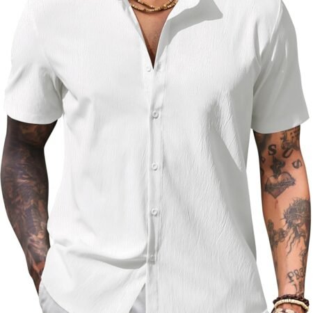 Men's Casual Button Down Short Sleeve Shirt Band Collar Shirts Textured Beach Summer Shirt