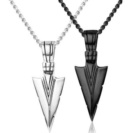 Stainless Steel Pendant Necklace for Men Spearpoint Arrowhead Pendant Chain Necklace Set Black Silver Tone
