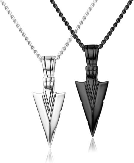 Stainless Steel Pendant Necklace for Men Spearpoint Arrowhead Pendant Chain Necklace Set Black Silver Tone