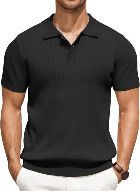 Men's Knit  Shirts Short Sleeve Ribbed Knitted Shirt Summer Lightweight Casual Golf Shirts