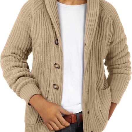 Mens Shawl Neck Cardigan Sweater Cable Knit Zip Up Closure with Pockets Winter Sweaters Outerwear