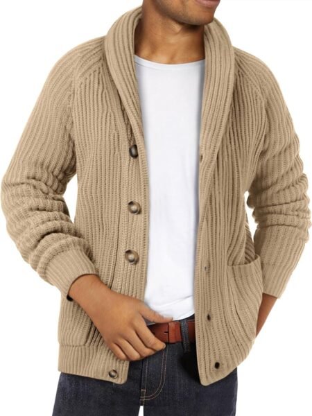 Mens Shawl Neck Cardigan Sweater Cable Knit Zip Up Closure with Pockets Winter Sweaters Outerwear