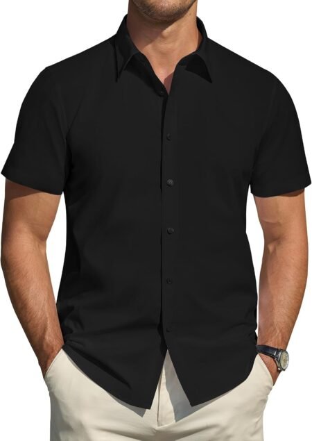 Men's Short Sleeve Dress Shirts Stretch Stain Shield Casual Button Down Shirts Solid Formal Shirt