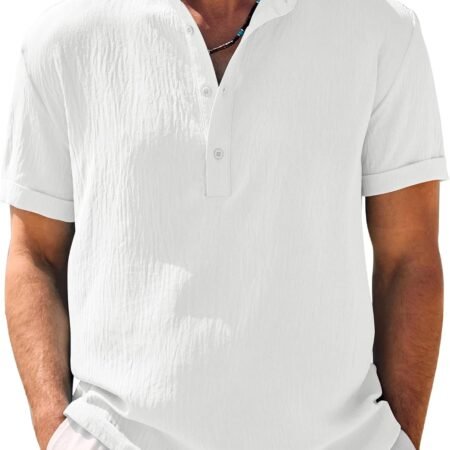 Men's Casual Henley Shirt Band Collar Short Sleeve Shirt Summer Beach Hippie Shirt