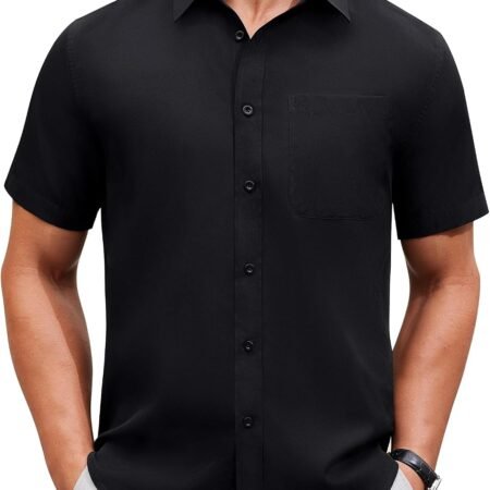 Mens Short Sleeve Dress Shirt Wrinkle Free Solid Casual Button Down Shirts for Summer Business Wedding