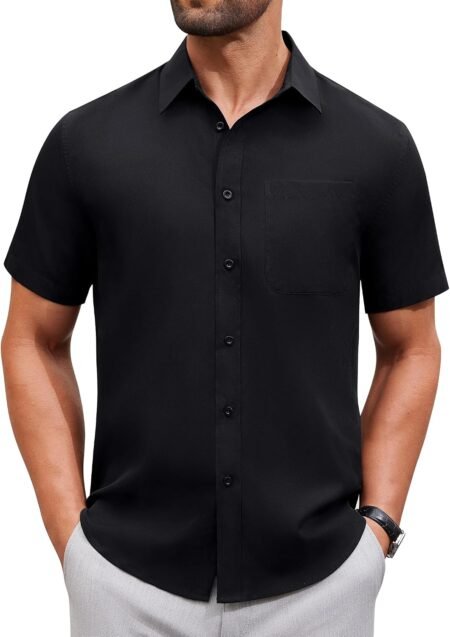 Mens Short Sleeve Dress Shirt Wrinkle Free Solid Casual Button Down Shirts for Summer Business Wedding