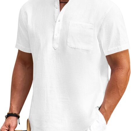 Men's Cotton Linen Henley Shirt Short Sleeve Hippie Casual Beach T-Shirts with Pocket