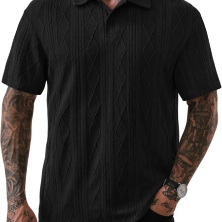 Mens Textured Knit  Shirts Loose Fit Stretch Casual Summer Collared Shirt (S-XXL)