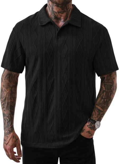 Mens Textured Knit  Shirts Loose Fit Stretch Casual Summer Collared Shirt (S-XXL)