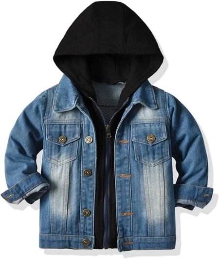 Little Boys Cardigan Hooded Lapel Zipper Pocket Baby Denim Coat Jacket Outerwear