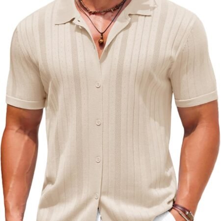 Mens Knit Button Down Shirts Crochet  Shirts Vintage Short Sleeve Textured Shirts Summer Beach Tops