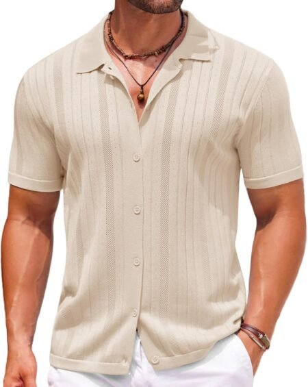 Mens Knit Button Down Shirts Crochet  Shirts Vintage Short Sleeve Textured Shirts Summer Beach Tops