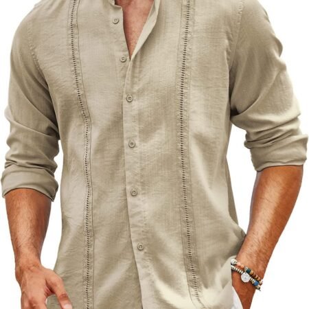 Men's Cuban  Shirts Casual Long Sleeve Button Down Shirts Band Collar Linen Summer Beach Shirts