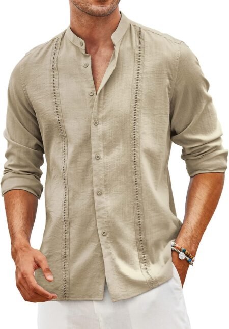 Men's Cuban  Shirts Casual Long Sleeve Button Down Shirts Band Collar Linen Summer Beach Shirts