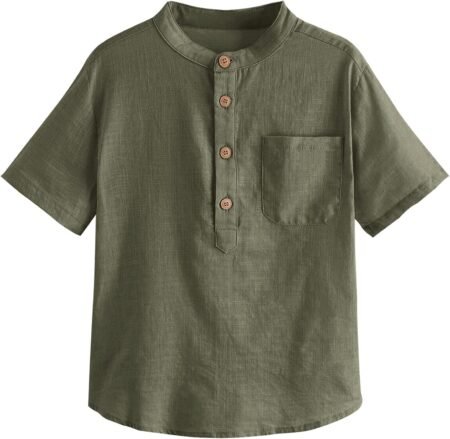 Boys Button Up Henley Shirt Short Sleeve Lightweight Summer Linen Cotton Dress Shirts Tees Tops with One Pocket
