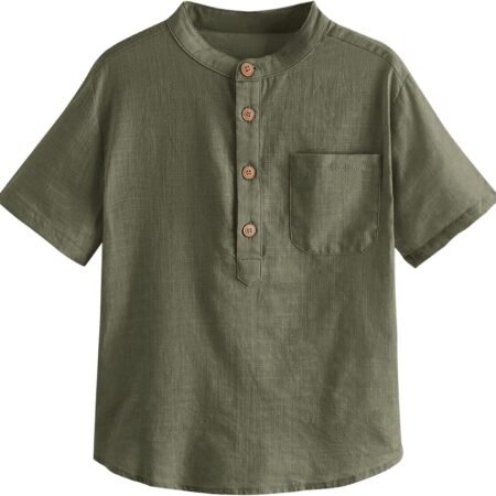 Boys Button Up Henley Shirt Short Sleeve Lightweight Summer Linen Cotton Dress Shirts Tees Tops with One Pocket