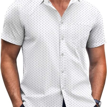 Mens Short Sleeve Button Down Shirts Wrinkle Free Dress Shirts Casual Polka Dot Print Shirt with Pocket