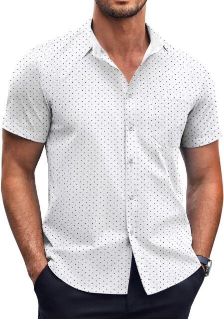 Mens Short Sleeve Button Down Shirts Wrinkle Free Dress Shirts Casual Polka Dot Print Shirt with Pocket
