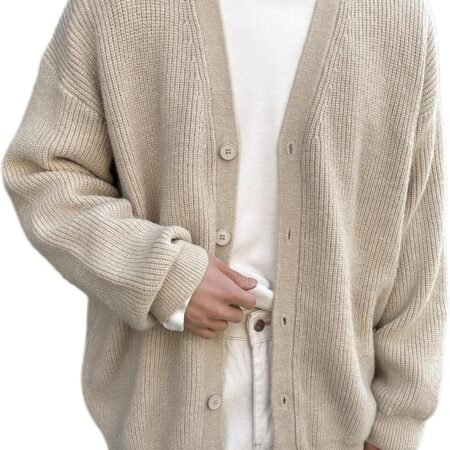 Men's Casual Long Sleeve Button Front V Neck Rib Knit Cardigan Sweater