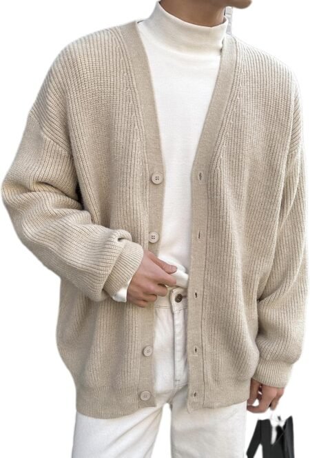 Men's Casual Long Sleeve Button Front V Neck Rib Knit Cardigan Sweater