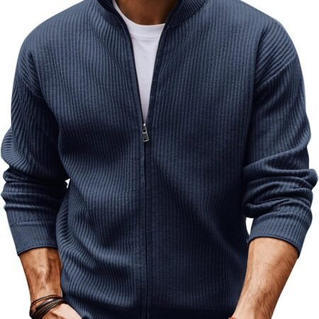 Mens Cardigan Sweater Full Zip Up Sweaters Casual Slim Fit Stand Collar Knitted Cardigans