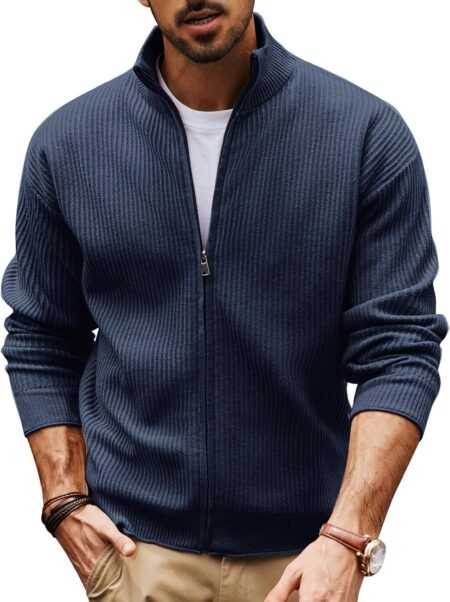 Mens Cardigan Sweater Full Zip Up Sweaters Casual Slim Fit Stand Collar Knitted Cardigans