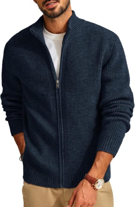 Mens Full Zip Cardigan Sweater Casual Ribbed Knitted Sweater for Men