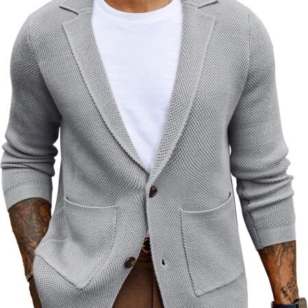 Mens Notch Collar Cardigan Sweaters Knit Textured Sweater Button Down Blazer with Pockets