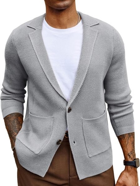 Mens Notch Collar Cardigan Sweaters Knit Textured Sweater Button Down Blazer with Pockets