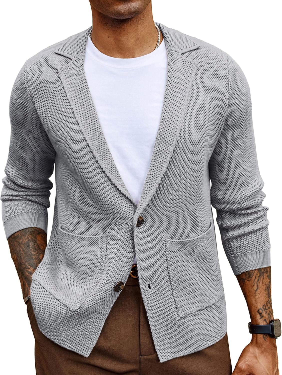 Mens Notch Collar Cardigan Sweaters Knit Textured Sweater Button Down Blazer with Pockets