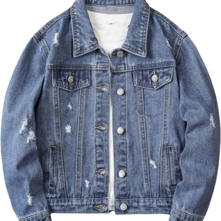 Boys Ripped Long Sleeve Button Front Denim Jacket Coat Outerwear