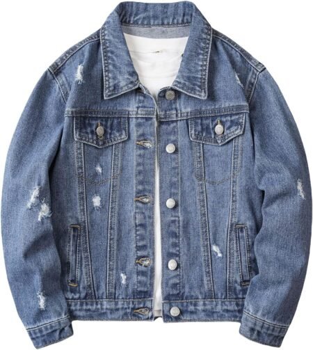 Boys Ripped Long Sleeve Button Front Denim Jacket Coat Outerwear