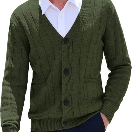 Men's Cardigan Sweater Cable Knit V Neck Button up Sweaters Ribbed Cardigan Sweater with Pockets
