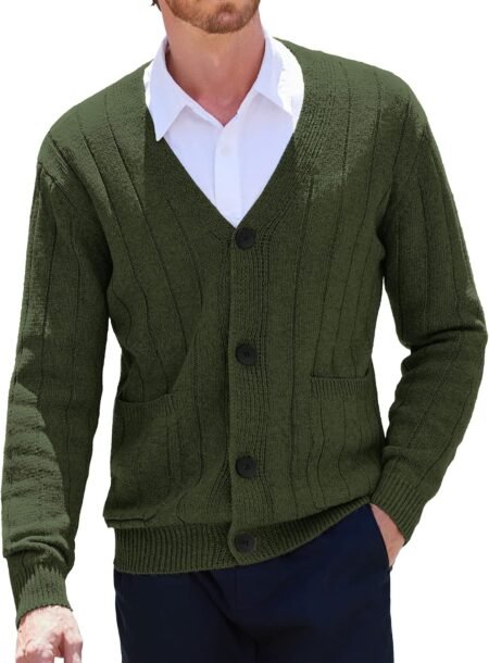 Men's Cardigan Sweater Cable Knit V Neck Button up Sweaters Ribbed Cardigan Sweater with Pockets