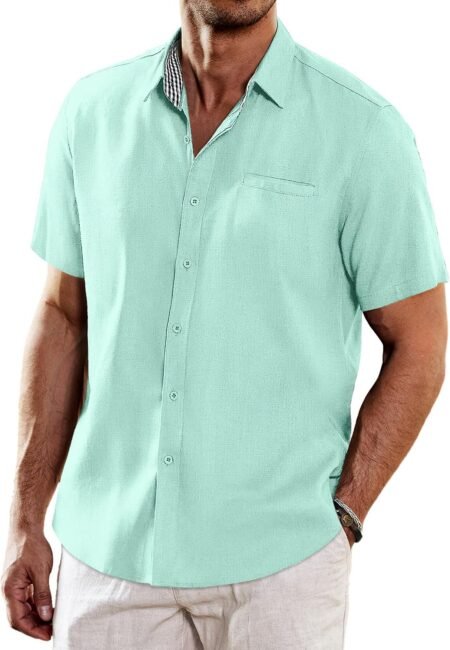 Men's Casual Linen Shirts Short Sleeve Button Down Shirt Summer Beach Tops