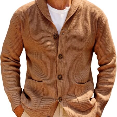 Mens Shawl Collar Cardigan Sweater Cable Knit Button Down Winter Chunky Sweaters with Pockets