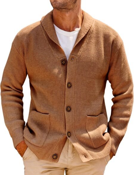 Mens Shawl Collar Cardigan Sweater Cable Knit Button Down Winter Chunky Sweaters with Pockets