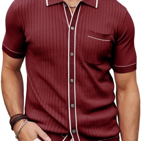 Men's Short Sleeve Knit Shirt Vintage Button Down Golf
